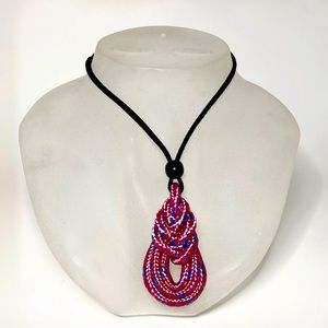 Handmade Pink Macrame Pendant Necklace Black Leather Cord and Beads Adjustable